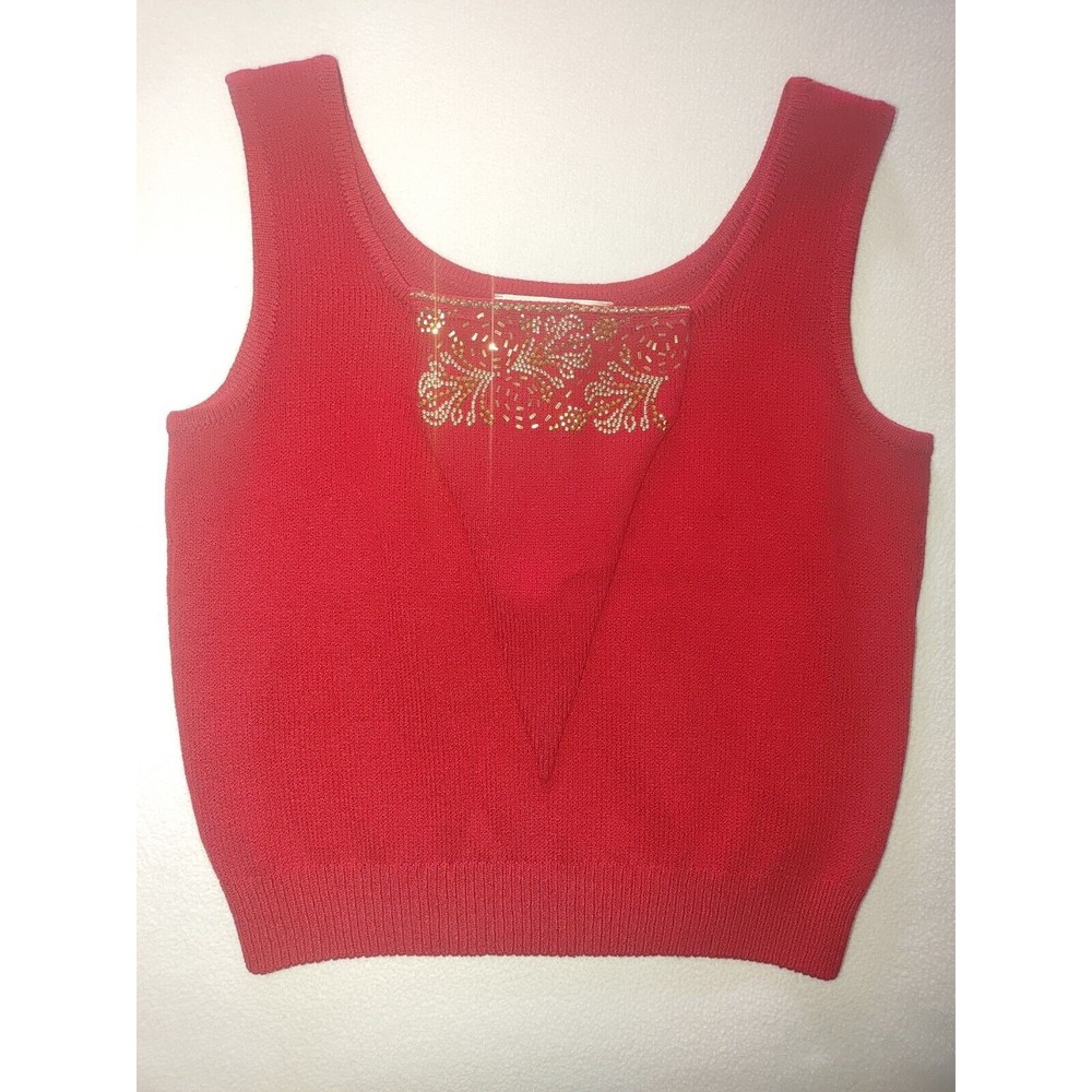 St. John Marie Gray Red Scoop Neck Sleeveless Knit Top Size P Petite Embellished